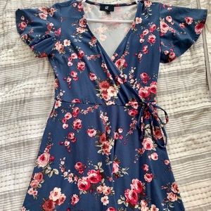 Navy And Pink Floral Wrap Dress